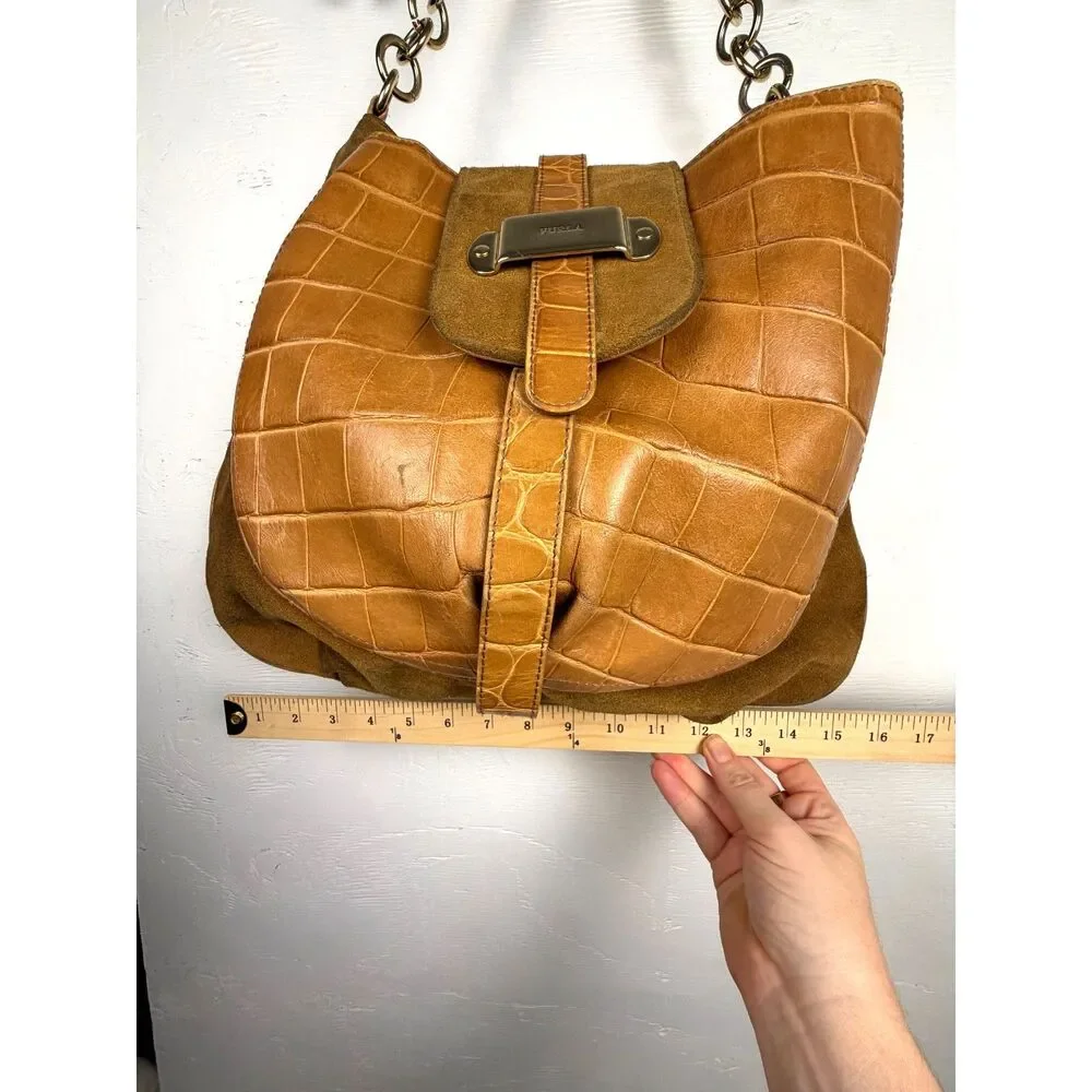 Y2K Vintage Furla Italian Leather Croc‎ Embossed Shoulder Bag Camel Hobo Purse